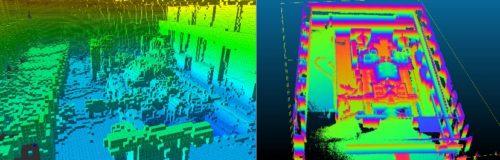 Multicolored drone data visualization of the inside of a power plant.