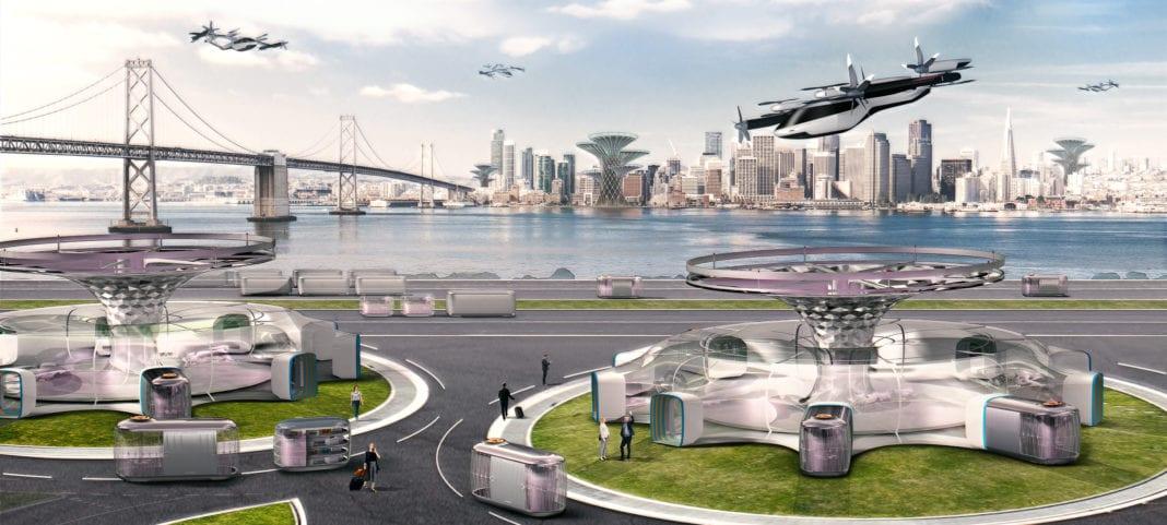 Futuristic aircraft flying through an urban cityscape.