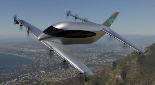 An imagined rendering of a tandem wing eVTOL flying in sky