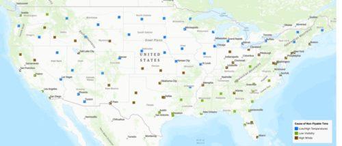 A map with the airports color-coded by the reason for the most non-flyable slots at that location.