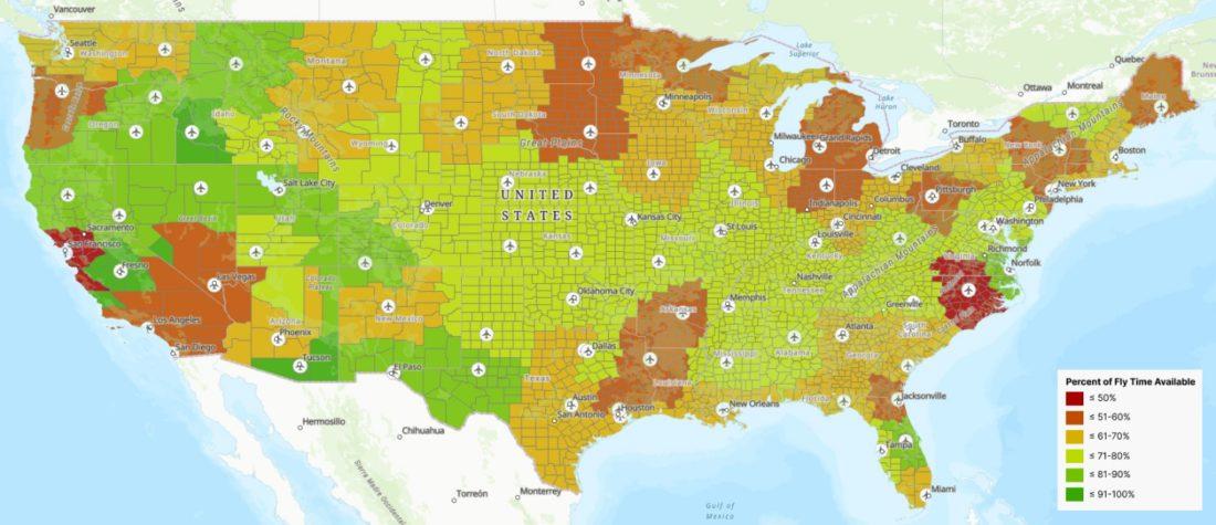 A map of the counties in the United States colored by the percent of annual acceptable flyable time slots of the airport closest to it.