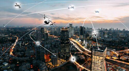 Illustration of a futuristic city skyline at dusk with many different types of aircraft.