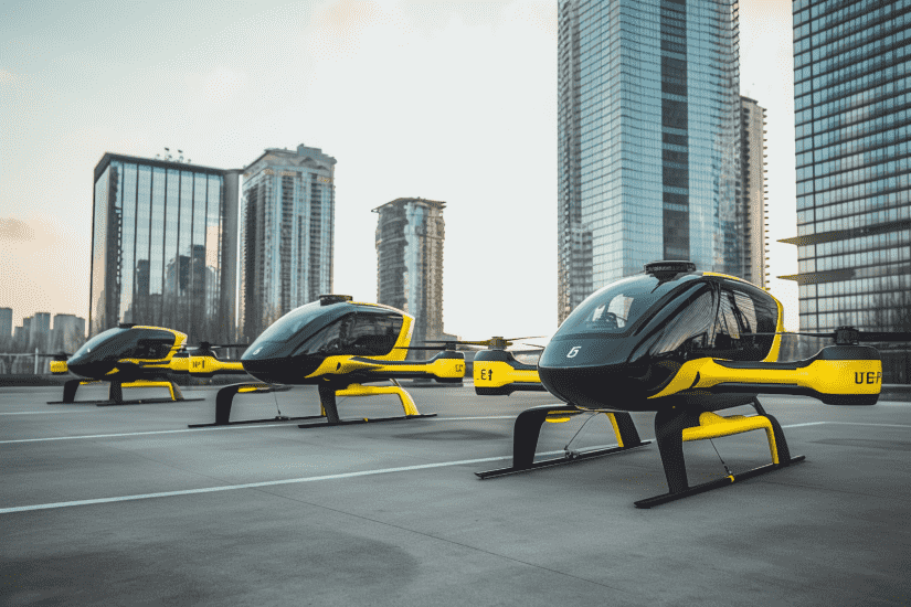 black and yellow evtols parked on top a veriport