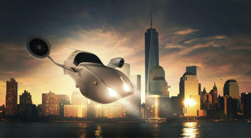 eVTOL flying over a metropolitan region.