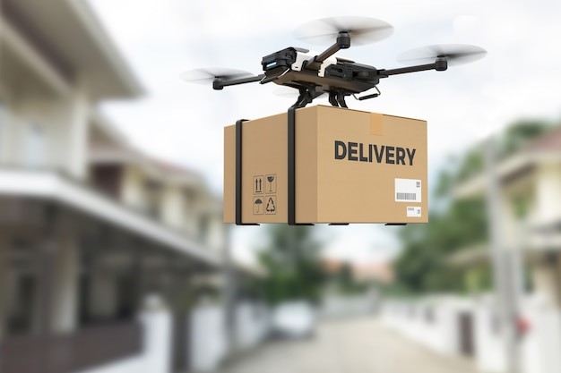 Drone carrying a box for delivery.