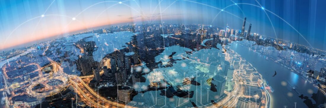 A multitude of air taxis flying over a cityscape.