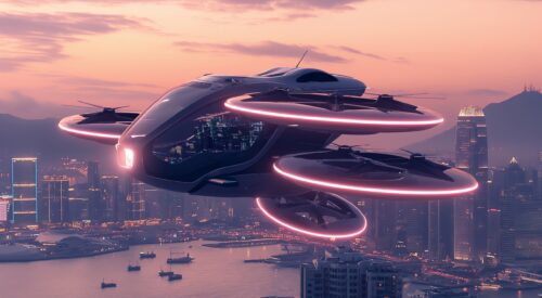 A conceptual illustration of an eVTOL in flight above a city.