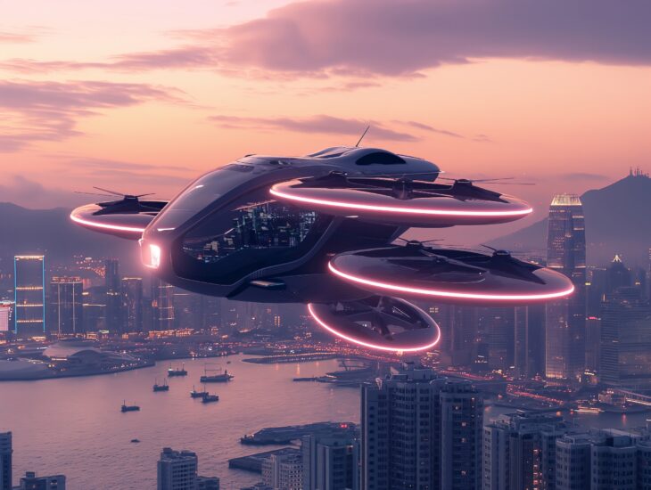 dreamstime_l_316928812 A conceptual illustration of an eVTOL in flight above a city.