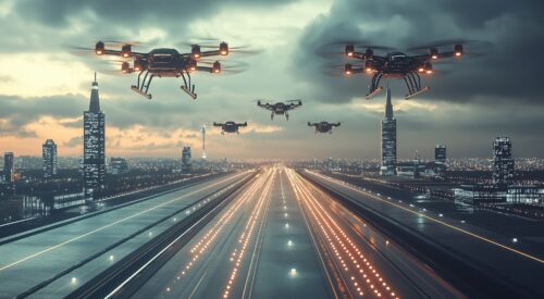 UAVs traversing the U-space above a metropolitan area.