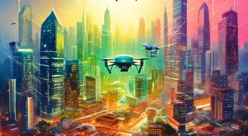 Multiple UAVs flying over a metropolitan area