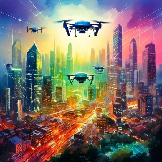 dreamstime_xxl_356423594 Multiple UAVs flying over a metropolitan area