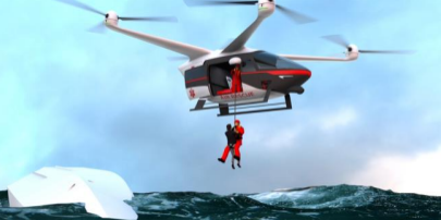 Quadrotor hoisting person and crew in SAR at Sea Mission