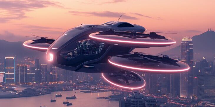 A conceptual illustration of an eVTOL in flight above a city.